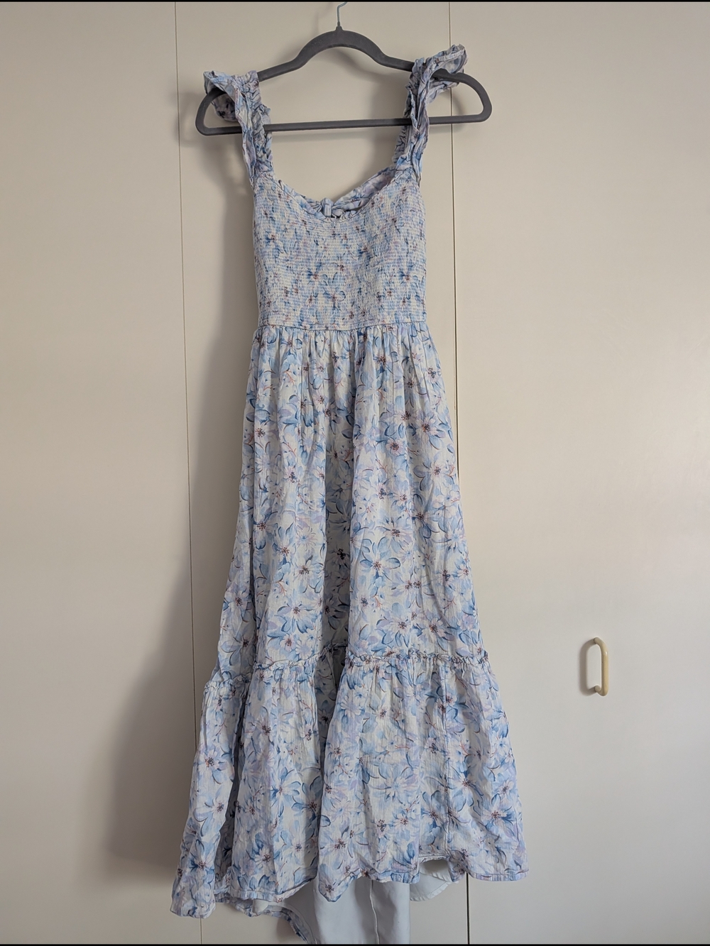 American Eagle Outfitters Light Blue Floral Smocked Sundress Tie Back, Ruffles